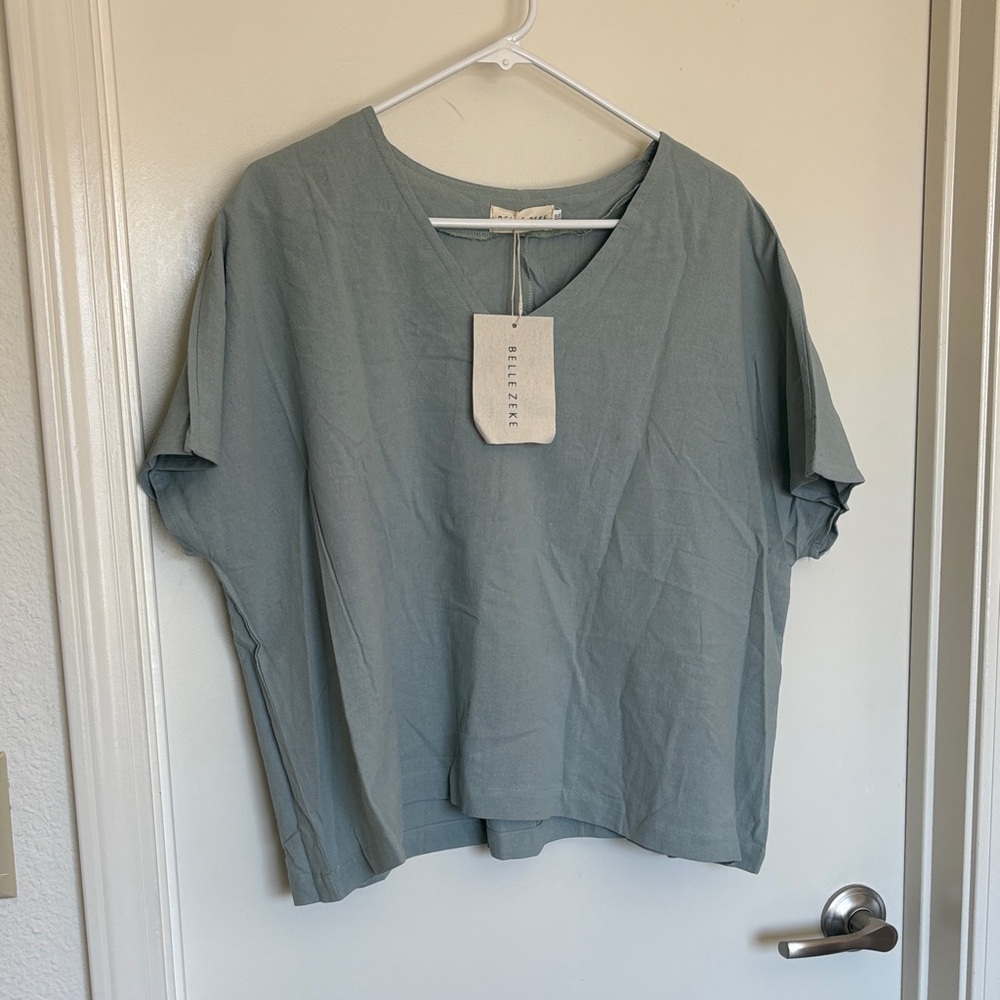 Belle Zeke Sage Green V-Neck Boxy Tunic Shirt - 4XL